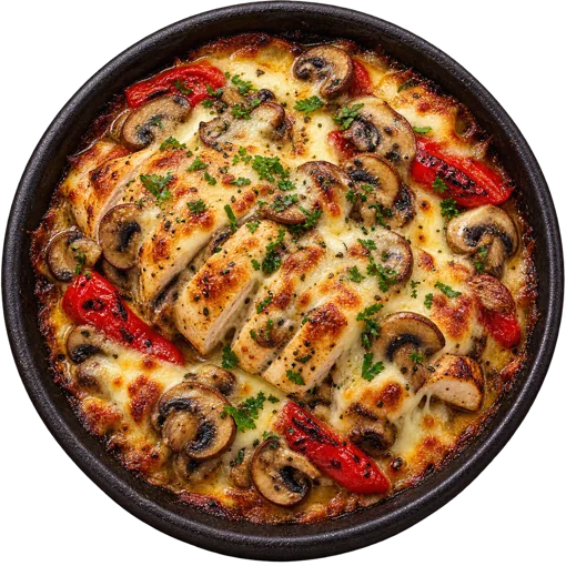 Oven-baked chicken with mushrooms and kashar
